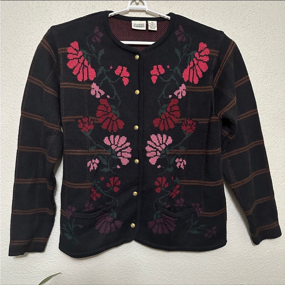 Classic Elements Embroidered Plaid Floral Cardigan Sweater - XL